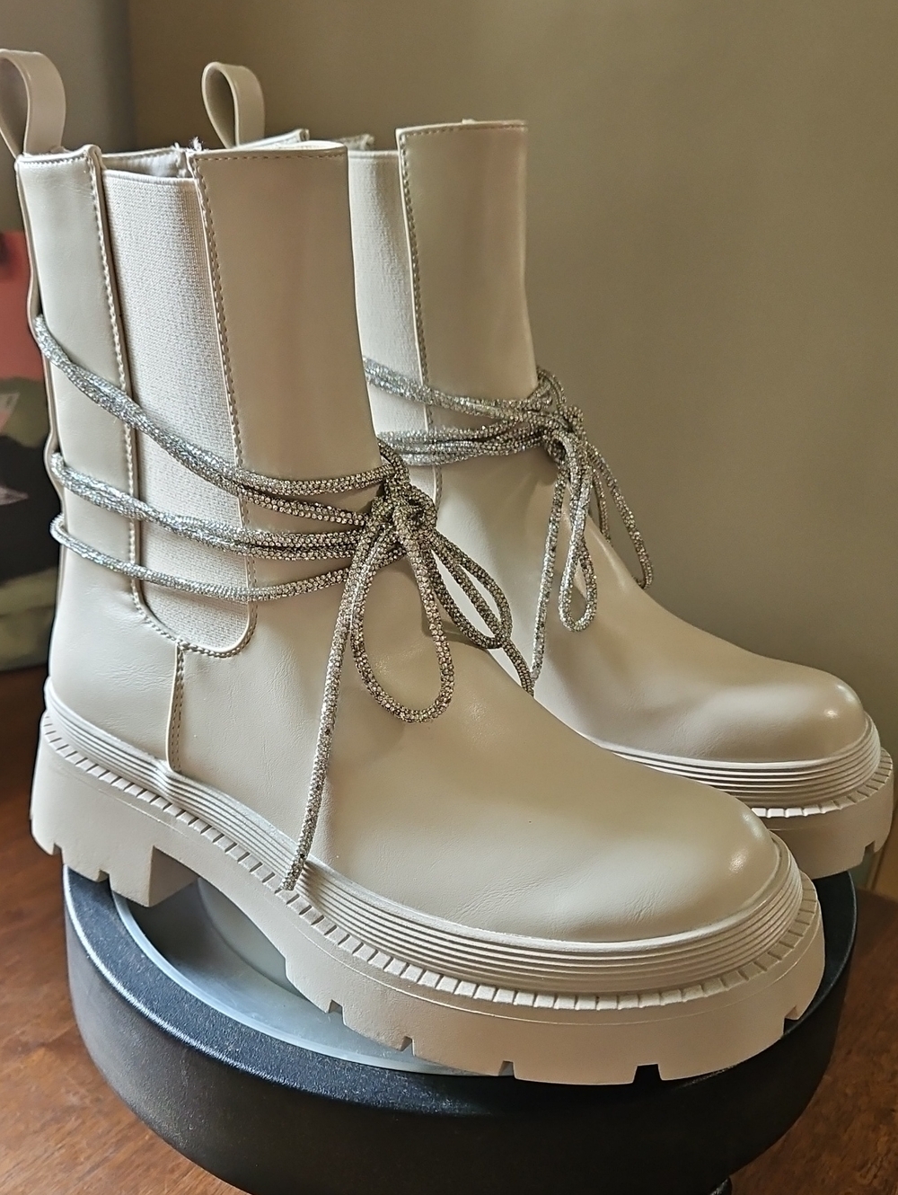 Cream Chunky Slip On Boots With Sparkly Lace-Up Detail